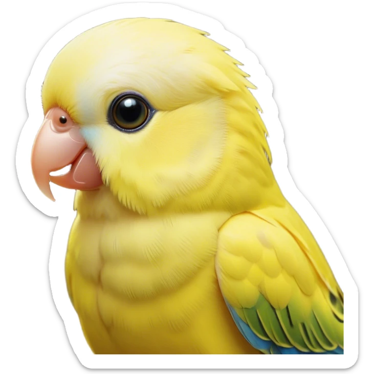 Cinematic Noble Yellow Budgie Portrait Emoji, Poised and regal, with a petite, delicate build and a smooth, well-groomed fur of brilliant yellow feathers, deep-set soulful dark eyes, Simplified yet sharp and sophisticated features, highly detailed, glowing with a soft, dignified glow, high shine, intelligent and charming, stylized with an air of elegance, focused and attentive, soft glowing outline, capturing the essence of a watchful and confident avian companion, so majestic it feels as though it could flutter out of the screen with effortless authority! sticker