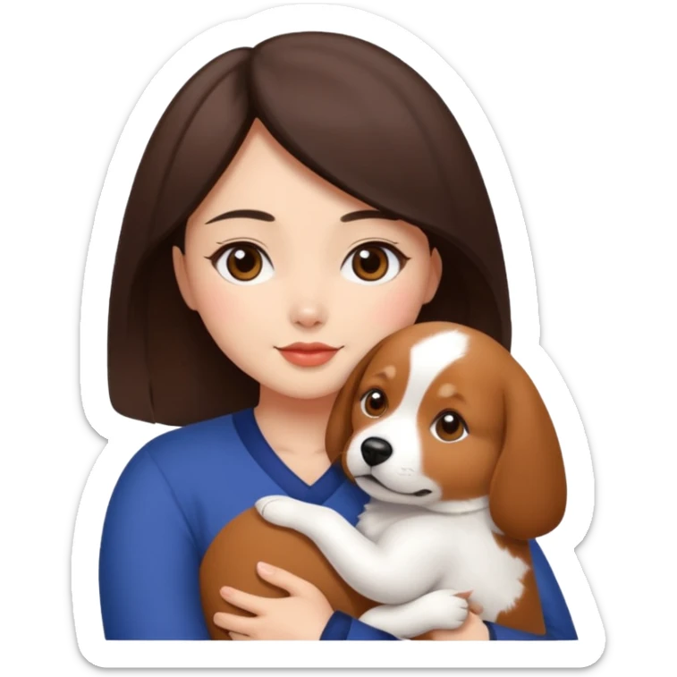 a beautiful woman with medium length dark brown hair and brown eyes, a bit chubby, hugs a beagle and japanese spitz dog  sticker