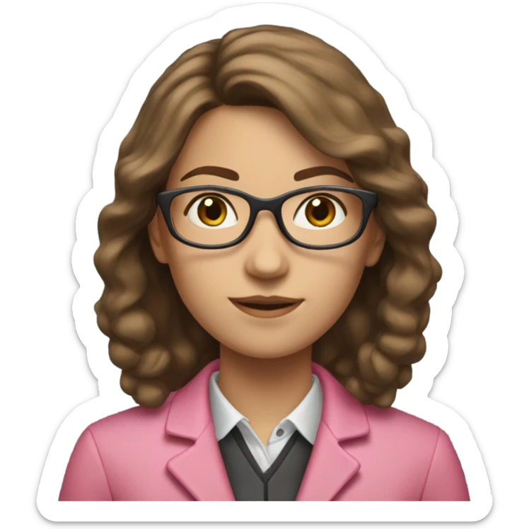 A girl teacher with brown hair, glasses and a pink jacket sticker