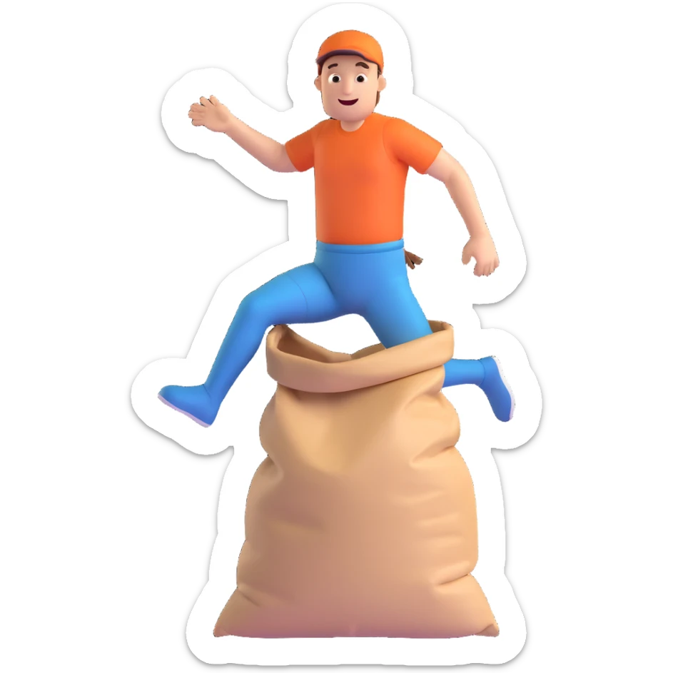 a man with both legs inside of a sack up to the waist, jumping, energetic, playful, 3D style sticker