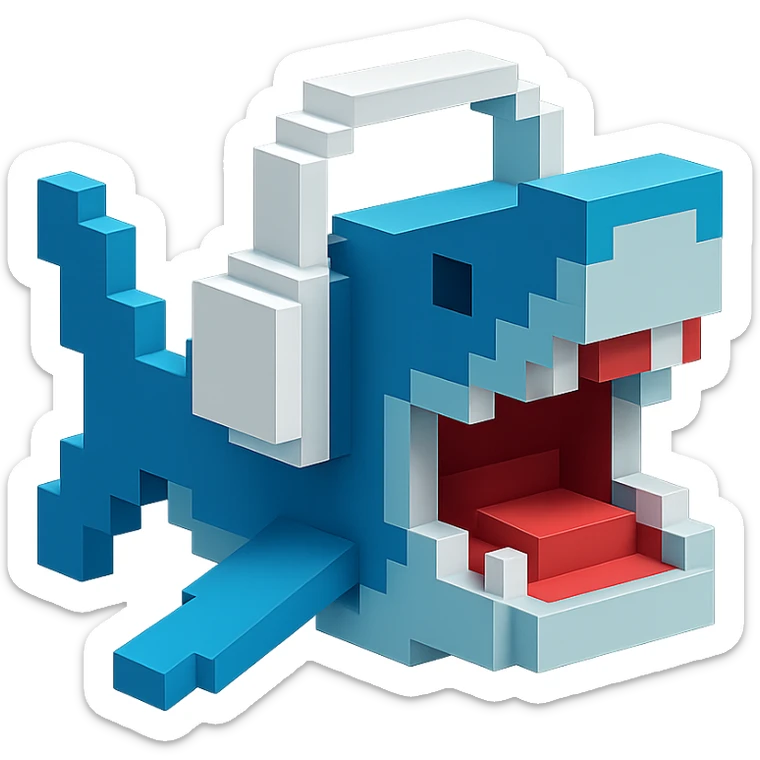 voxel style shark with white headphones, open mouth, blocky, blue and silver, no background sticker