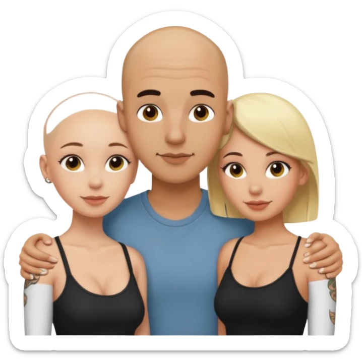 throuple tatted bald boyfriend with blonde girl friend and brunette girlfriend sticker