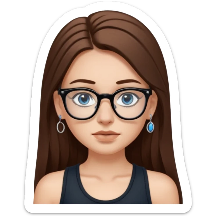 White girl with long brown hair, part going more to the RIGHT side, BLUE eyes, wearing BLACK rectangle plastic frame glasses. SEPTUM nose piercing hoop (at bottom of nose) AND stud nose piercing on right side of nose. Wearing BLACK tank top. No other jewelry sticker