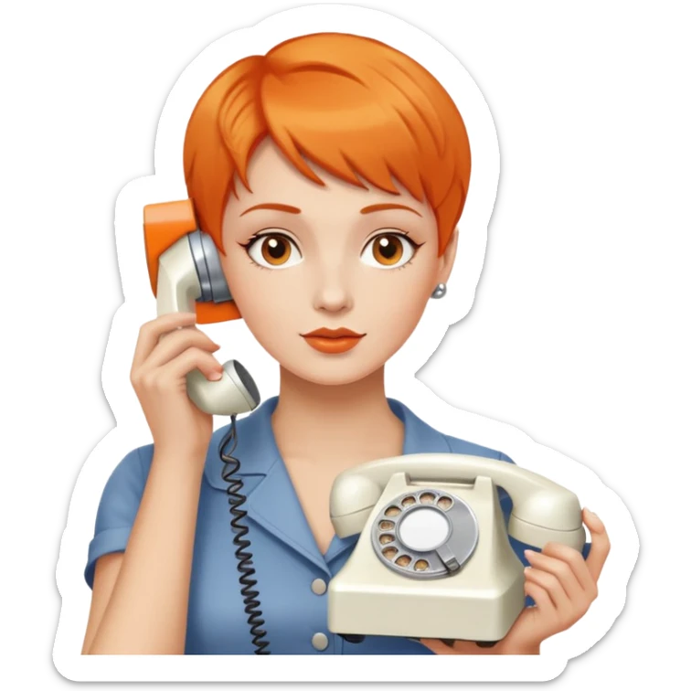 woman with short orange hair holding a vintage white phone to her ear, upper body sticker
