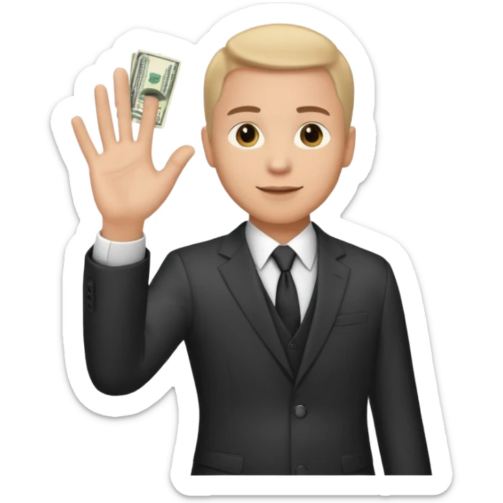 The businessman extends his hand to the side and give money sticker