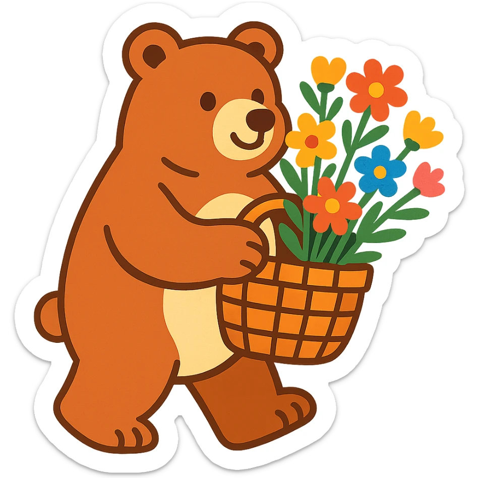 bear carrying a basket of wildflowers, soft pastel brown and cream, vibrant toon style sticker