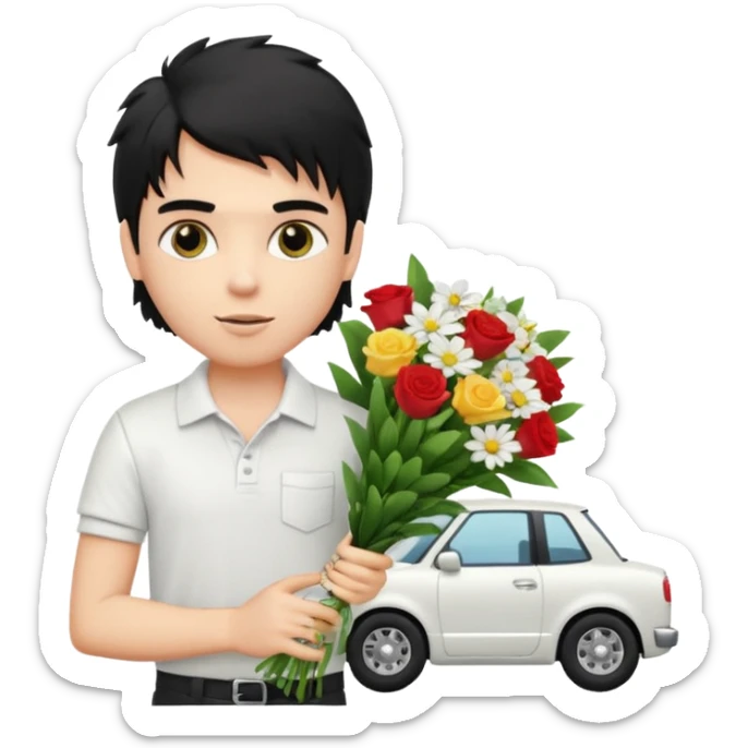 generate a pretty fair bratz boy with a messy mullet (black hair), wearing a white polo.  carrying a bouquet made of money. expensive car behind him sticker