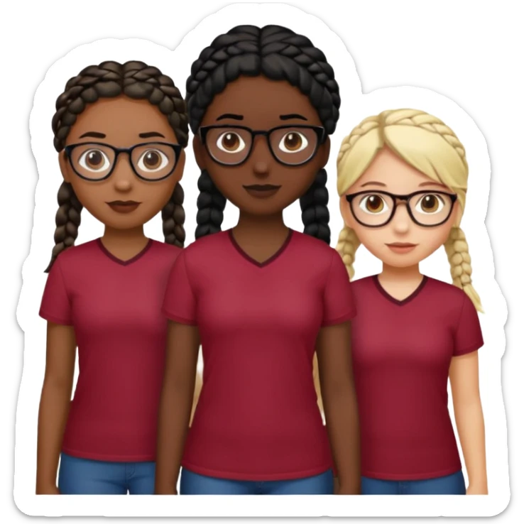 I want one black with braids black hair , one white girl with black hair and gelasses et one girl with blond/brown hair with glasses too with a burgundy red shirt  sticker