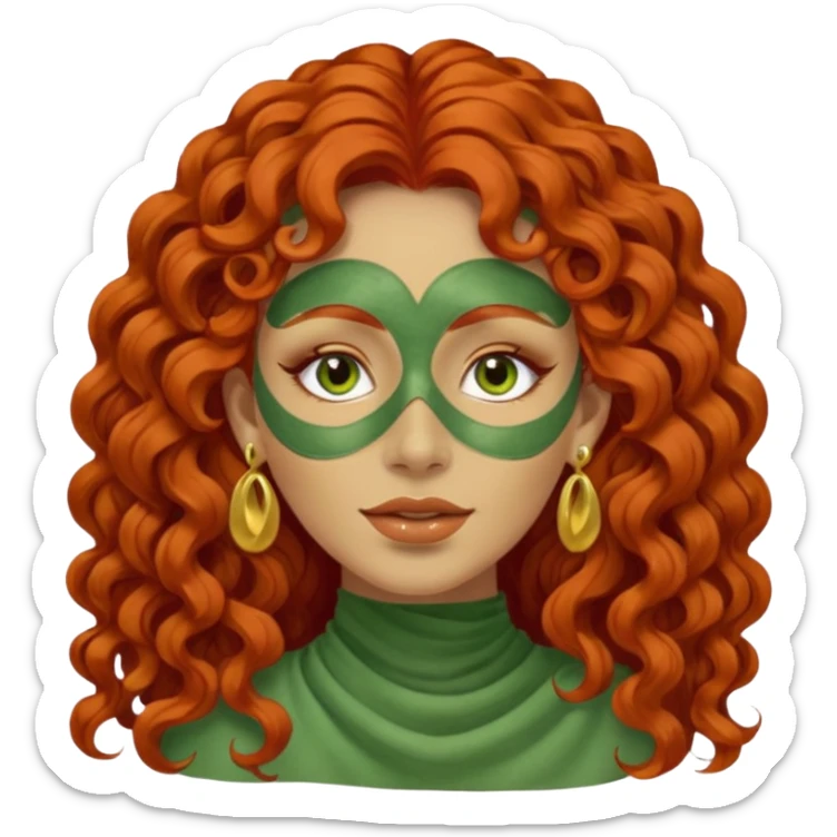 red haired very long curly haired woman with full face green clay mask  and big earrings  sticker