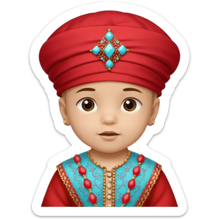  baby boy dressed in colorful ghalibiya with delicate decorations with a red Moracain hat sticker