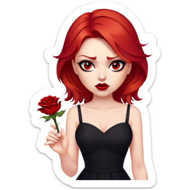 a beautiful very angry woman with red hair and red eyes. The woman wear a black little cutted dress. She have red lipstick and she have a seductive look. She have a rose flower in her hair sticker