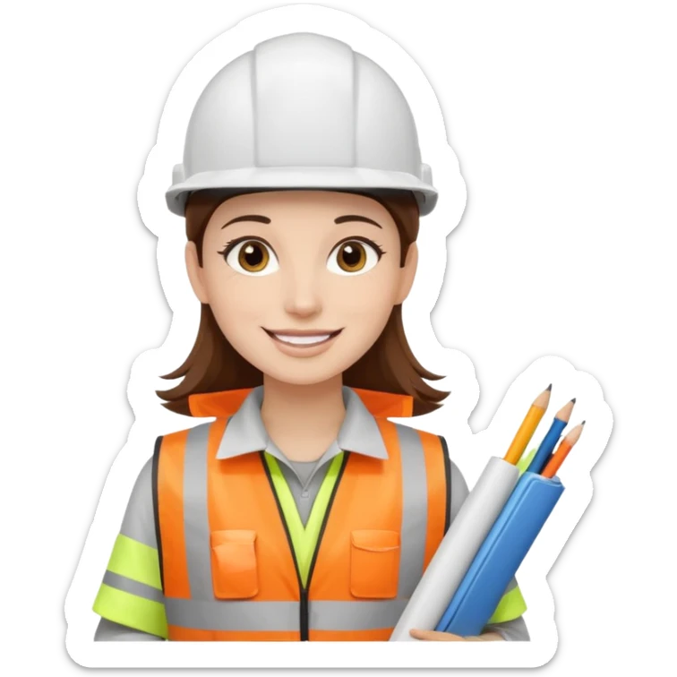 Arquitecta ojos marrones oscuros pestañas pelo marron por los hombros sonrie casco blanco con material de dibujo y chaleco reflecyante sticker