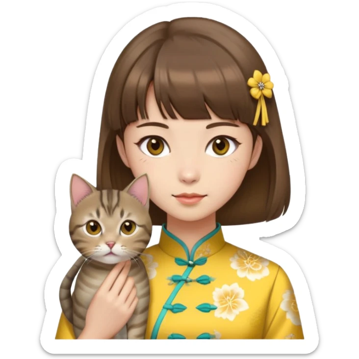 girl with brown hair and bangs wearing yellow qipao with gray tabby cat sticker