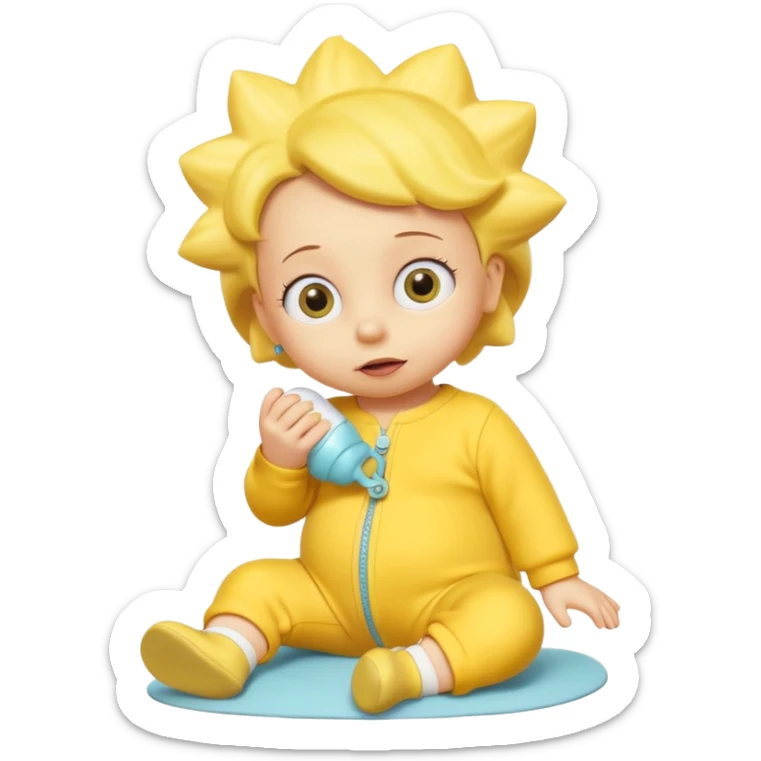 A 3D cartoon baby character entirely yellow, yellow skin, styled like Maggie Simpson, with pacifier, yellow onesie, big eyes, smooth shading, Memoji-style rendering, consistent with other yellow Simpsons characters. sticker