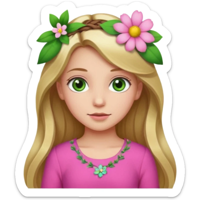 Girl profile picture with long browne and blonde hair and green eyes and a flower in her hair. and a pink outfit sticker