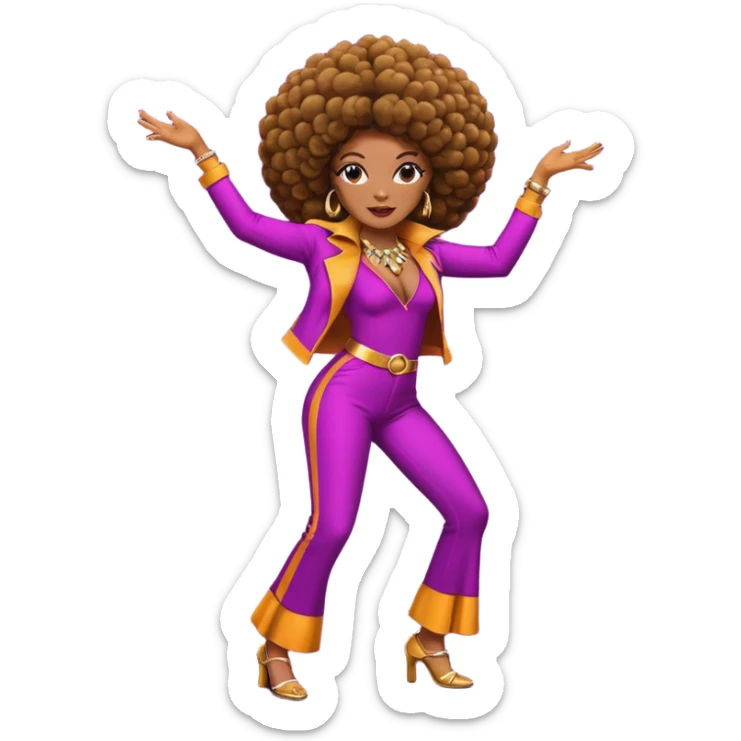 female African American character in 1970s disco style, vibrant outfit, afro hairstyle, dancing pose sticker