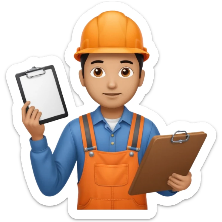 Indian male railway engineer orange overalls, boots holding a clipboard back of head sticker