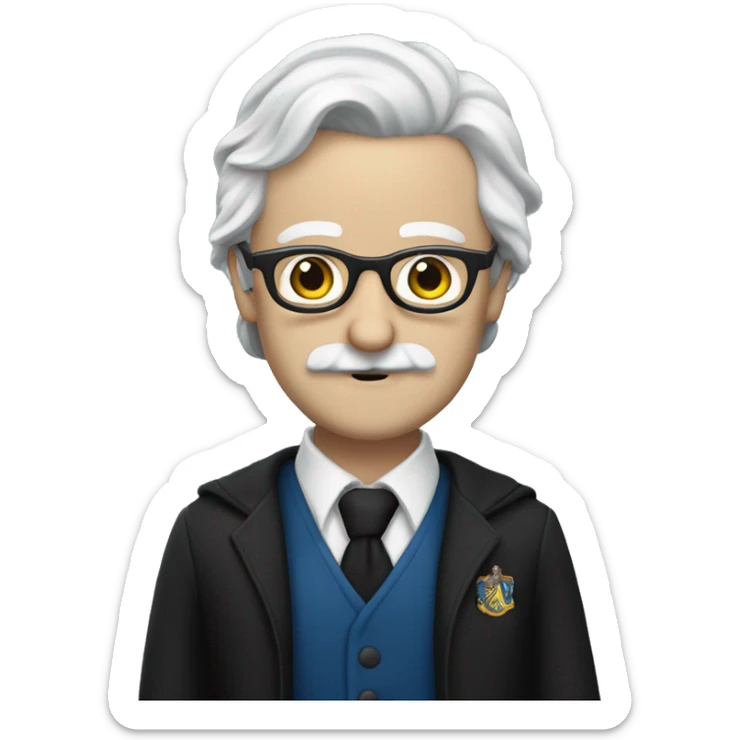 componist, man with white skin,hair is straight and black, a black mustache, glasses, ravenclaw sticker