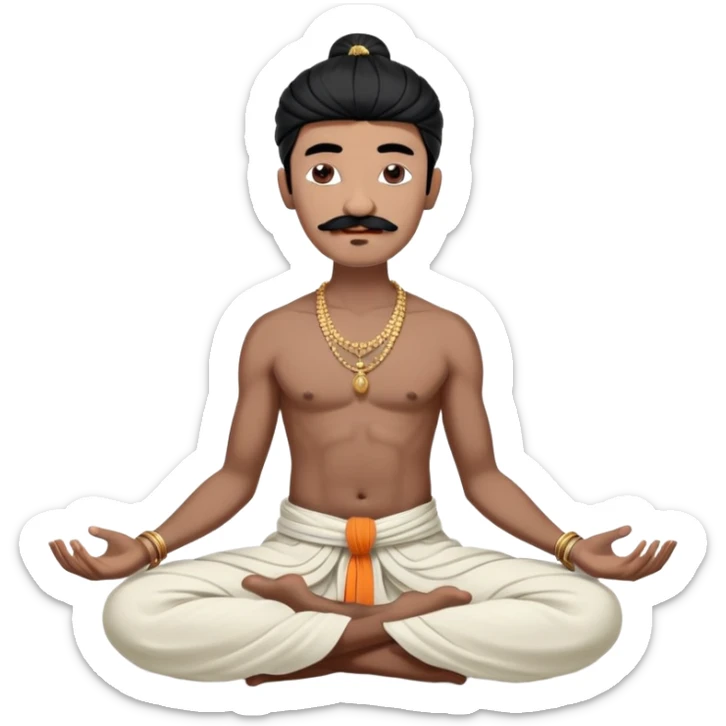 Black hair cossack with bold head, very long black mustache, lock of black hair sprouting from the top of the shaven head, without any jewelry, meditating bare torso with closed eyes in lotus pose in long traditional indian dhoti covering the legs sticker