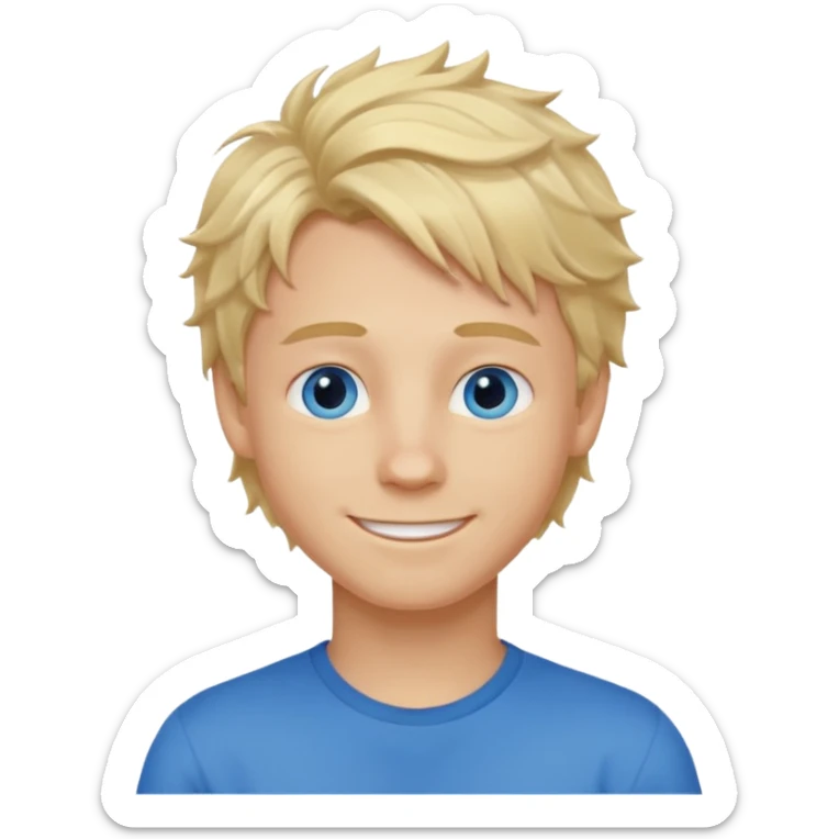 Emoji chlopak z blond włosami które będą rozsztrzepane i niebieskimi oczami uśmiechając się i większe wlosy sticker