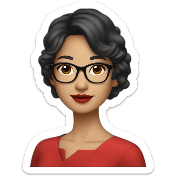 Young woman asiatic teacher, black square hairs, red glasses, red lipstick, red dress, black eyes sticker