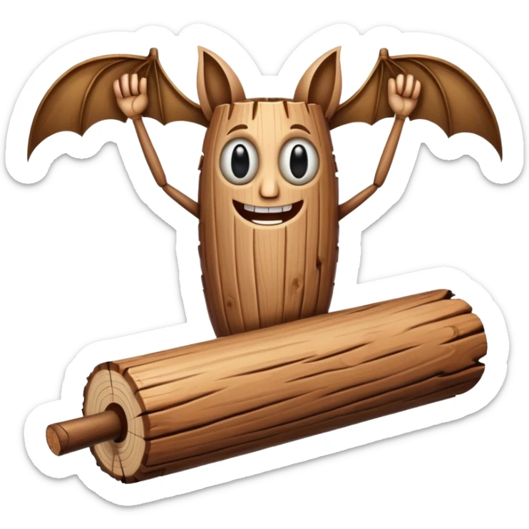 The character is an anthropomorphic wooden log with a cartoonish face, human arms and legs, and a long wooden bat, giving it a surreal, humorous appearance. sticker