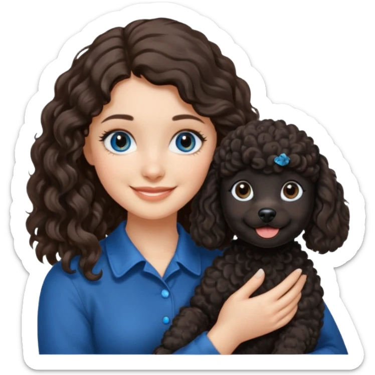 Brunette girl with long wavy hair and blue eyes holding black puppy poodle with brown eyes sticker