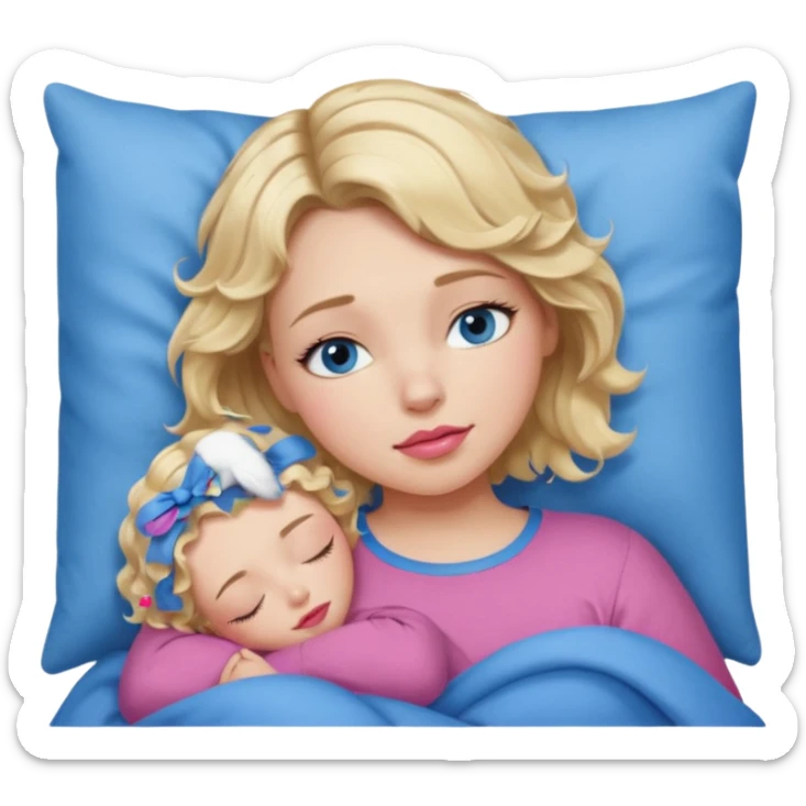 Girl Blonde short wavy hair,  blue eyes, cute blue top, long lashes, pink lips, sleeping sticker