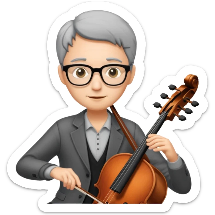 an emoji of my mum playing the cello, she has short black-ish gray hair, wears glasses, she is small sticker