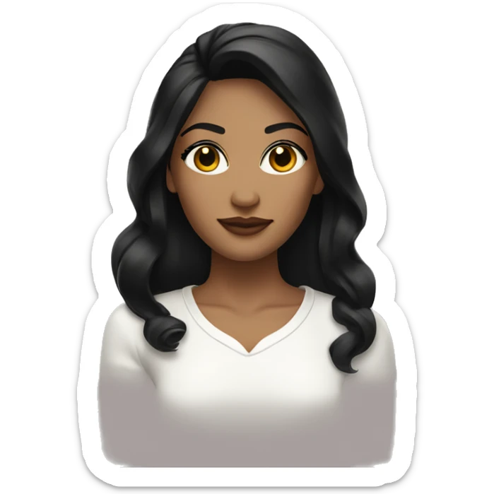 woman with black hair side part brown eyes gold hoop earrings and white shirt sticker