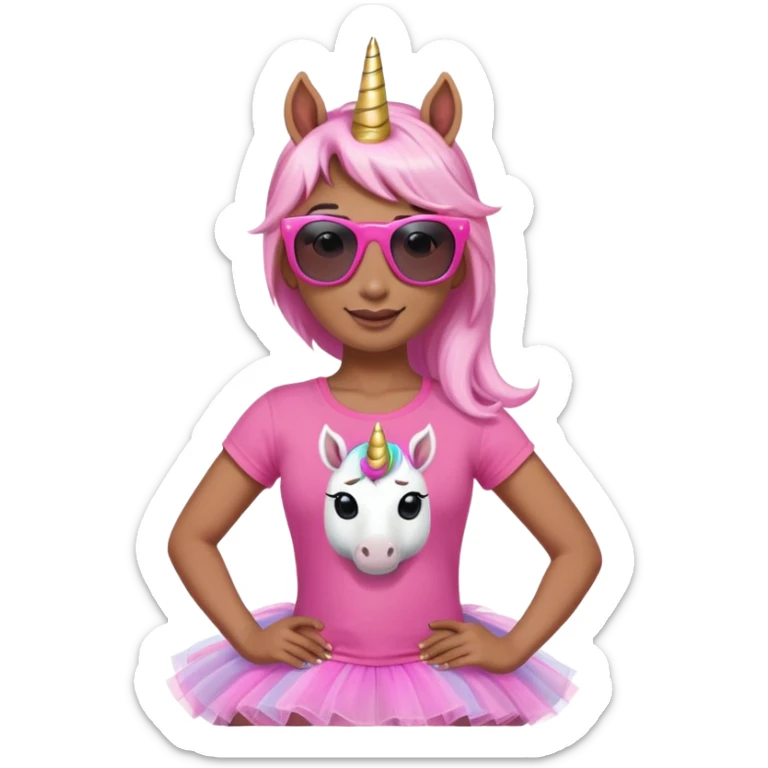 friendly anthropomorphised female unicorn with horse-like face, in tutu and pink t-shirt, wearing dark sunglasses, relaxed pose, close-crop head and shoulders portrait sticker