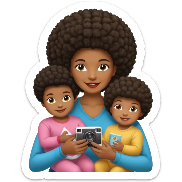 afro hair Dark Skin mom with two children, one young boy and a baby girl in polaroid picture  sticker