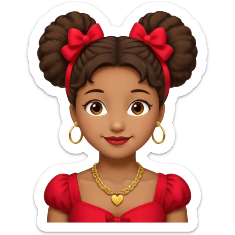 Brownskin girl dark brown hair fluffy.Two buns with red bows brown eyes smiling closed mouth red shift gold necklace sticker