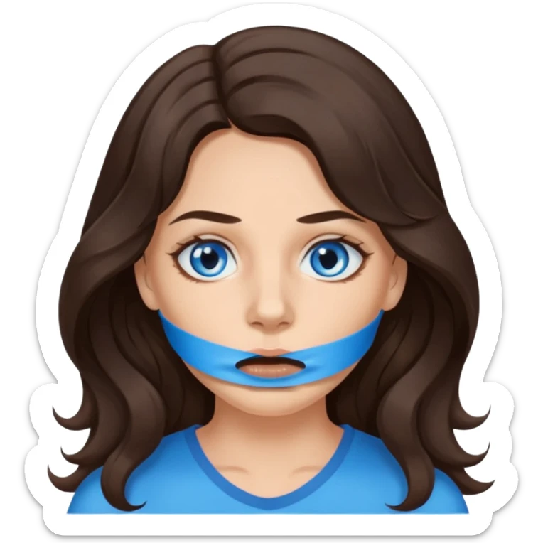 Female long wavy dark brown hair blue eyes, tape over mouth, victim of DV sticker