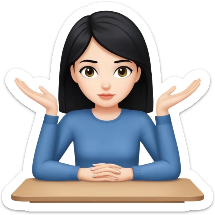 white girl full body black hair sitting at table with hands flat sticker