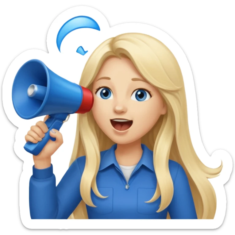  blue eyes blonde girl yelling into megaphone smiling long hair sticker