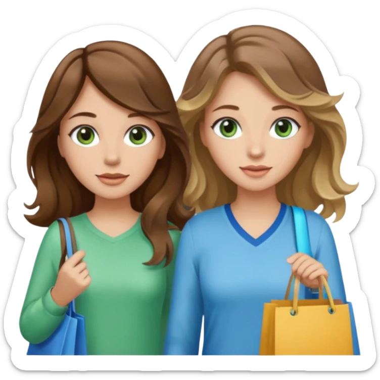 make me and my best friend togheter i have brown hair that falls on my shoulders and brown eyes and she has really long wavy brown hair with a little blonde and green/blue eyes we are shopping and i have BROWN eyes sticker