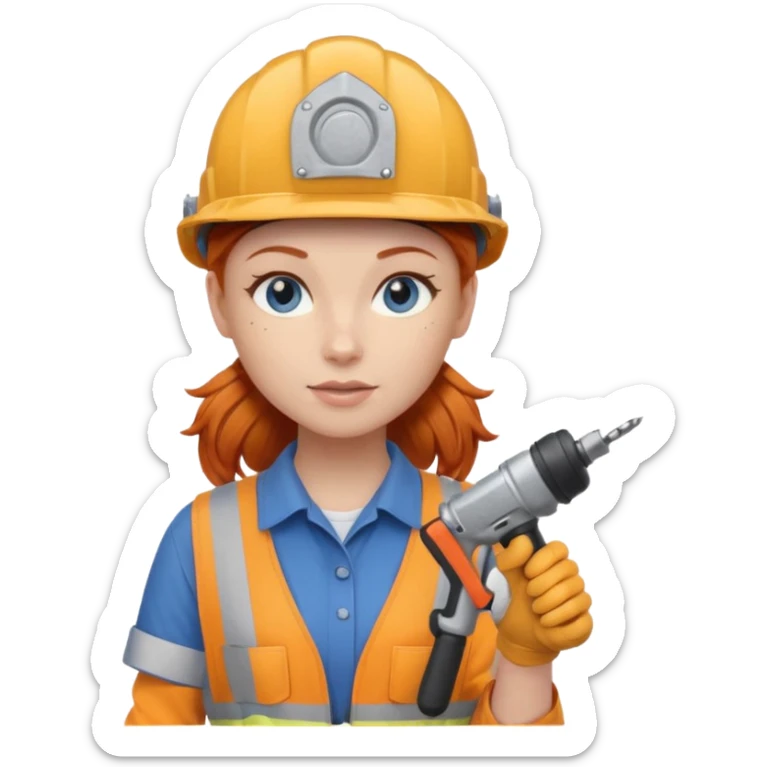 A ginger haired girl blue eyes, handyman Outfit, wearing a Helmet, with drill sticker