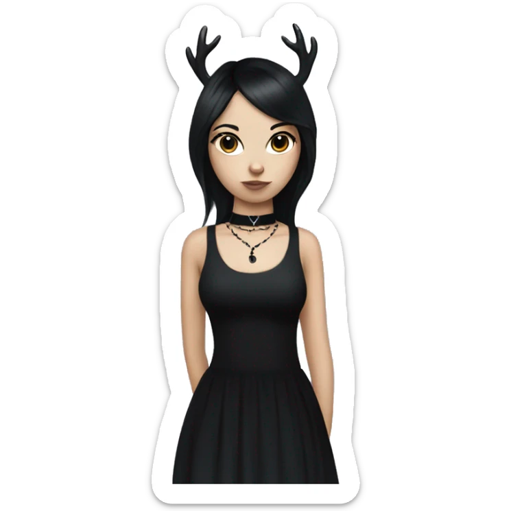 Goth deer girl with black hair in a sleeveless black dress and choker sticker