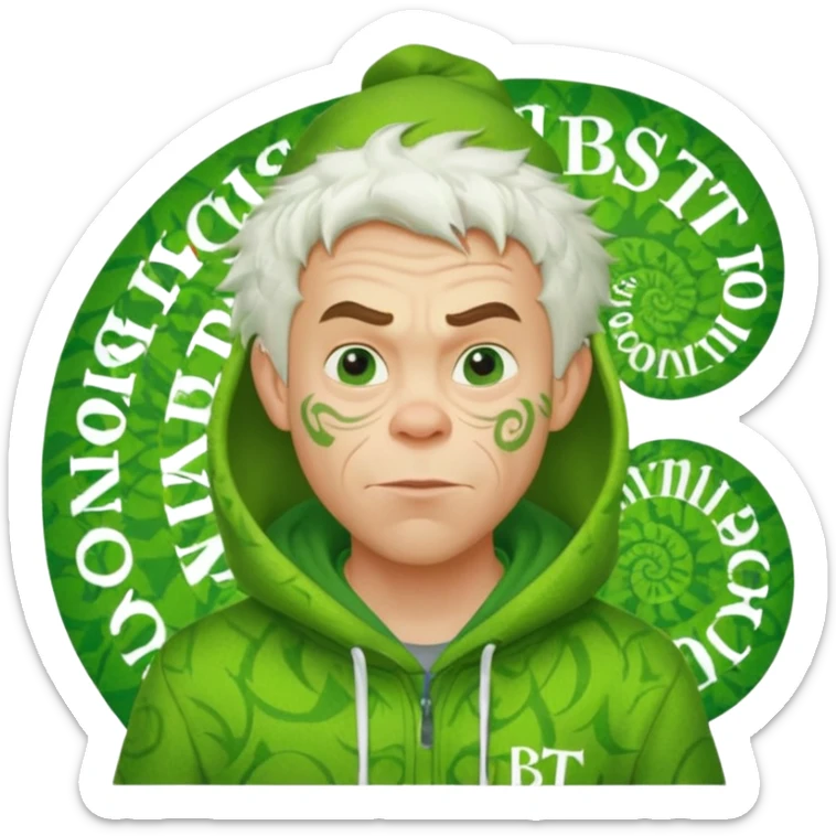 Create an avatar of white European male in hoodie with ``BST`` letters on it. Make background to look like from movie Grinch sticker