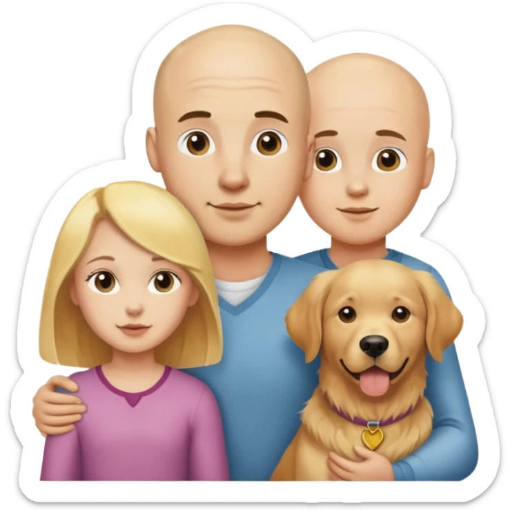 Young Bald man and bald woman with golden retriever and bald children sticker
