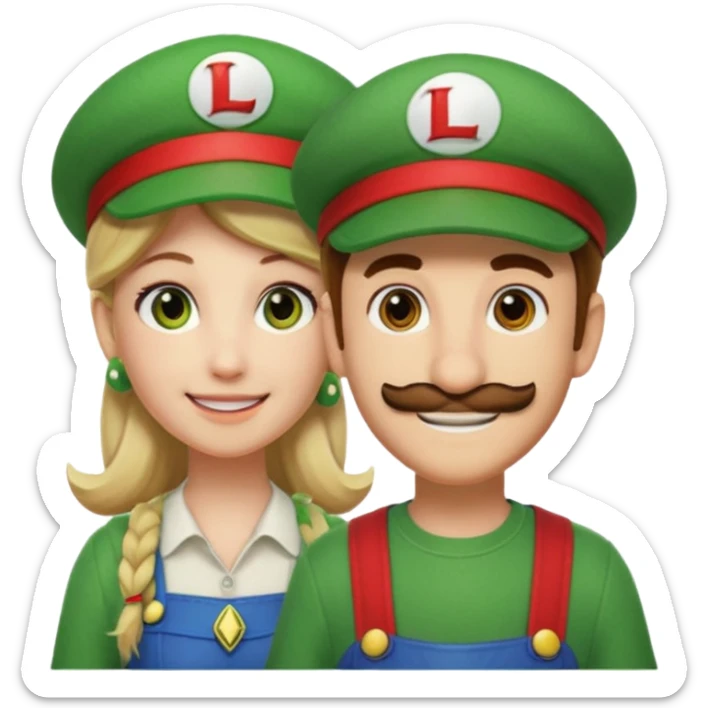 blonde female Luigi (with the Luigi green hat with an L on it) and a normal brown hair male Mario with the red hat with a (M) on it. They are friends just smiling. think video game sticker