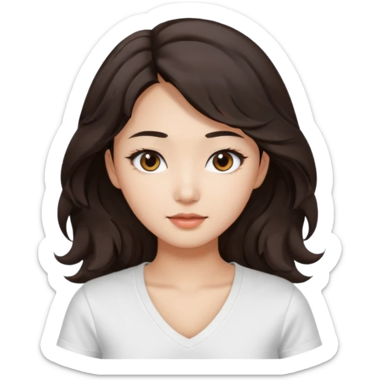 iOS style emoji. A girl with very long dark brown wavy hair. And the eyes color is dark brown. And she is wearing white t shirt with V kneck. And she is 30. She is Asian with double eyelids  sticker