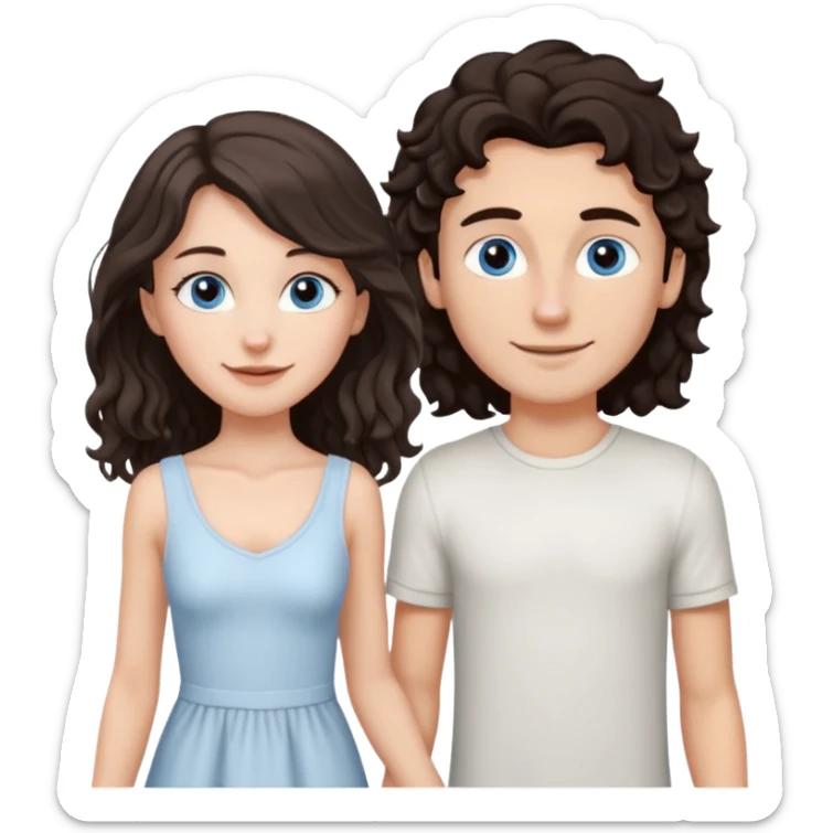 white girl, dark brown long slightly curly hair , skinni but with big breast , septum piercing on nose, beautiful dark gray-blue eyes, in white dress , boy dark brown eyes , light white skin , tall , skinny , light brown mid haircut ,  sticker