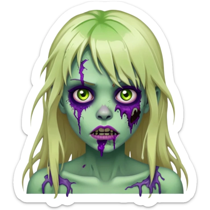 undead zombie girl with rotting green skin, purple bruises, messy long blonde hair with bangs, cracked lips sticker
