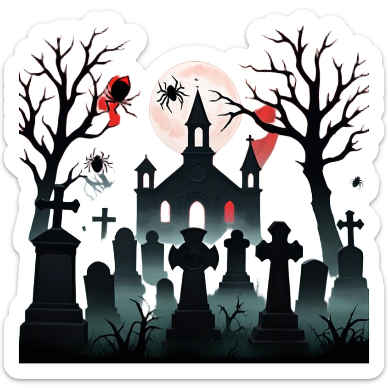 Icon for Horror Movies: A chilling collage with dark silhouettes of monstrous figures, eerie graveyards, and creepy elements like spiders and tombstones. Ghostly fog surrounds, with a blood-red moon in the sky. The mood is unsettling, eerie, and haunting. Transparent background. sticker