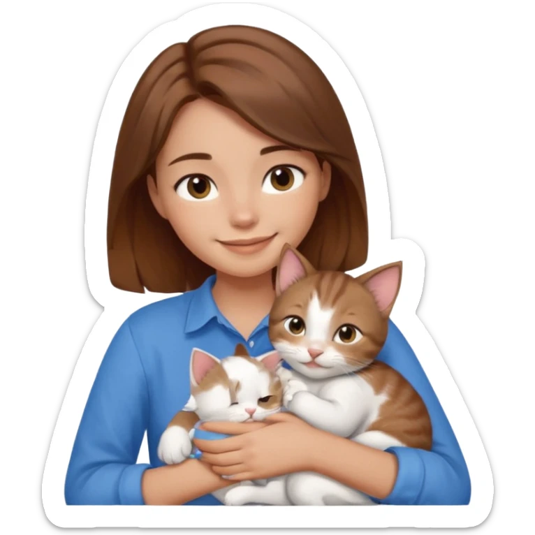 Create an emoji that has a girl wearing a blue shirt and brown hair snuggling a kitten. Smiling sticker