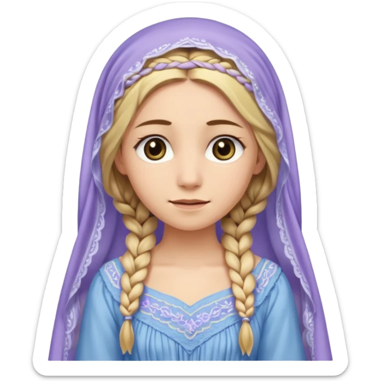 
mujer, Joven, de aspecto dulce y elegante.
Piel clara, ojos grandes y expresivos, sonrisa triste.
Rubio o castaño claro, largo, con trenzas o velo.
Vestido largo de tonos suaves (blanco, azul o lavanda), con bordados dorados; toca fina cubriendo la cabeza. cuerpo entero
 sticker