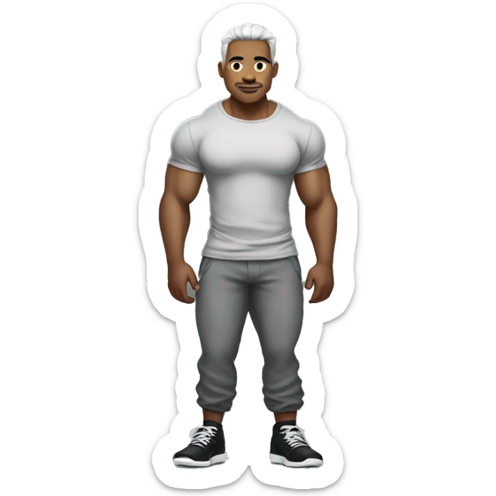 generate me an emoji that looks like a very bulky japanese bodybuilder with a scar on the left side of his lips a black slim fit  t-shirt and long baggy light grey japanese pants and black shoes sticker