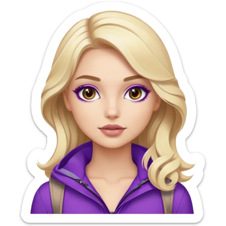 Luxury blonde model, brown eyes, luxury makeup, sleek wavy beige-blonde hair, purple hiking outfit sticker